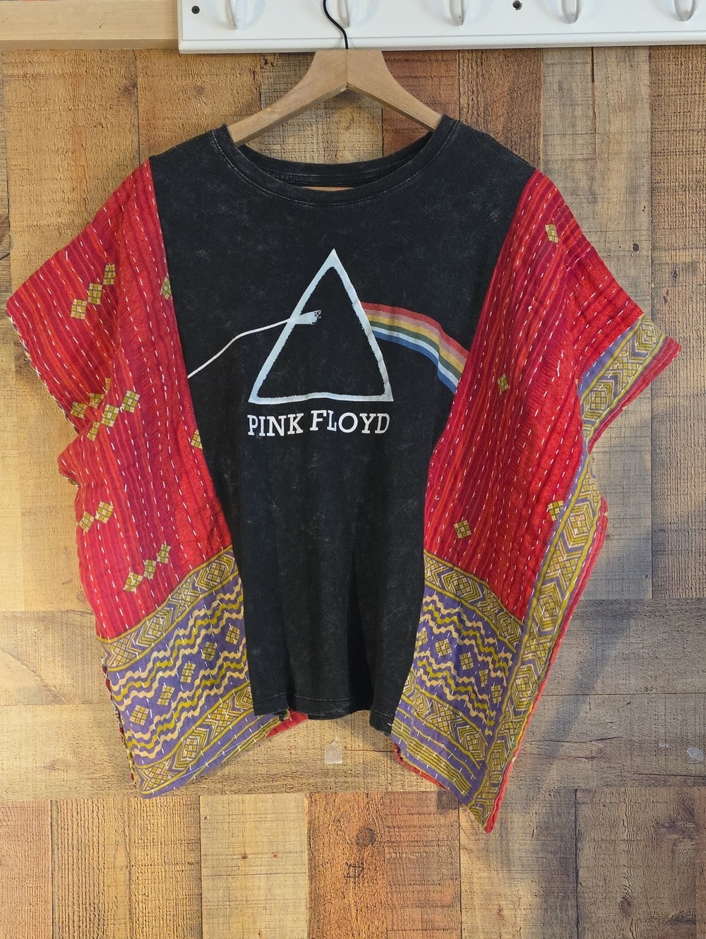 Upcycled Pink Floyd Black Tee with Red Patterned Kantha Sleeve